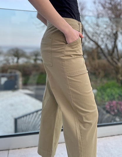 summer cotton twill culotte trousers with a wide leg and front and rear pockets in khaki