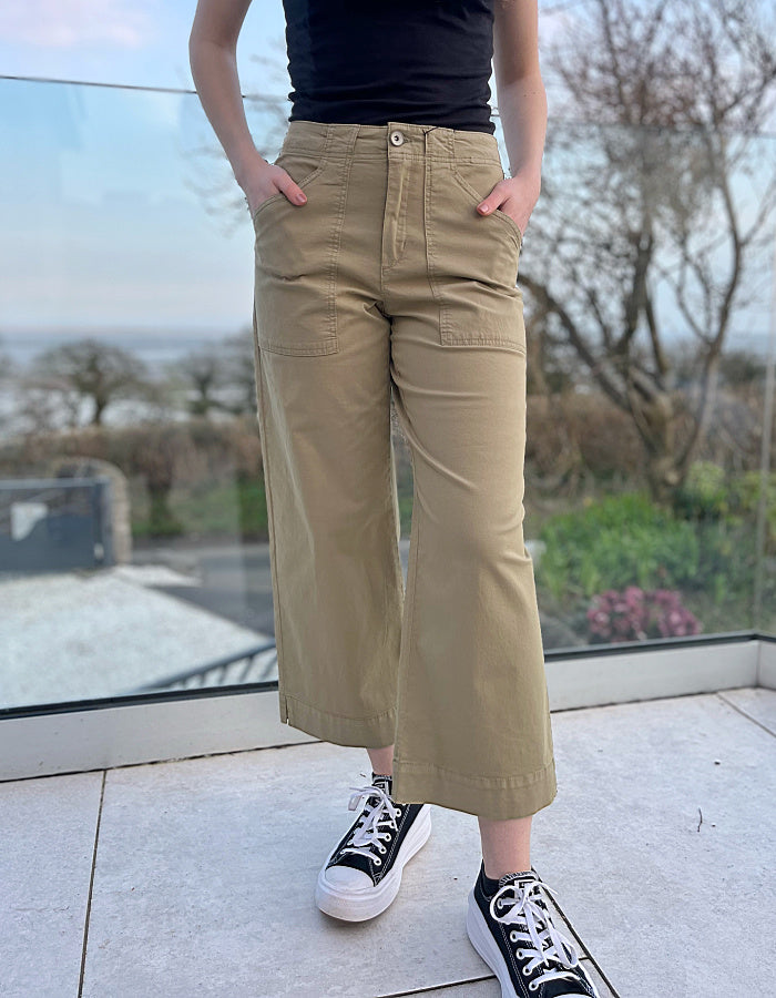 summer cotton twill culotte trousers with a wide leg and front and rear pockets in khaki