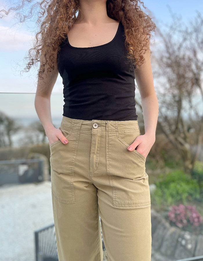 summer cotton twill culotte trousers with a wide leg and front and rear pockets in khaki