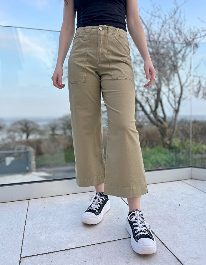 summer cotton twill culotte trousers with a wide leg and front and rear pockets in khaki