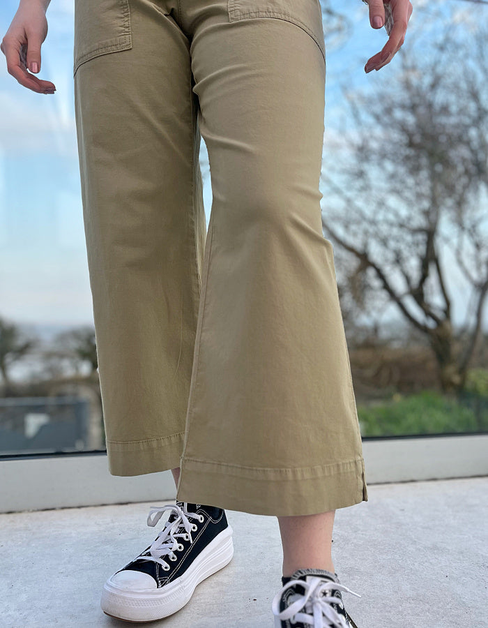 summer cotton twill culotte trousers with a wide leg and front and rear pockets in khaki