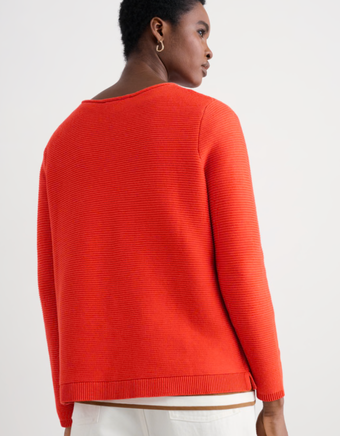 Person wearing a red sweater on a white background