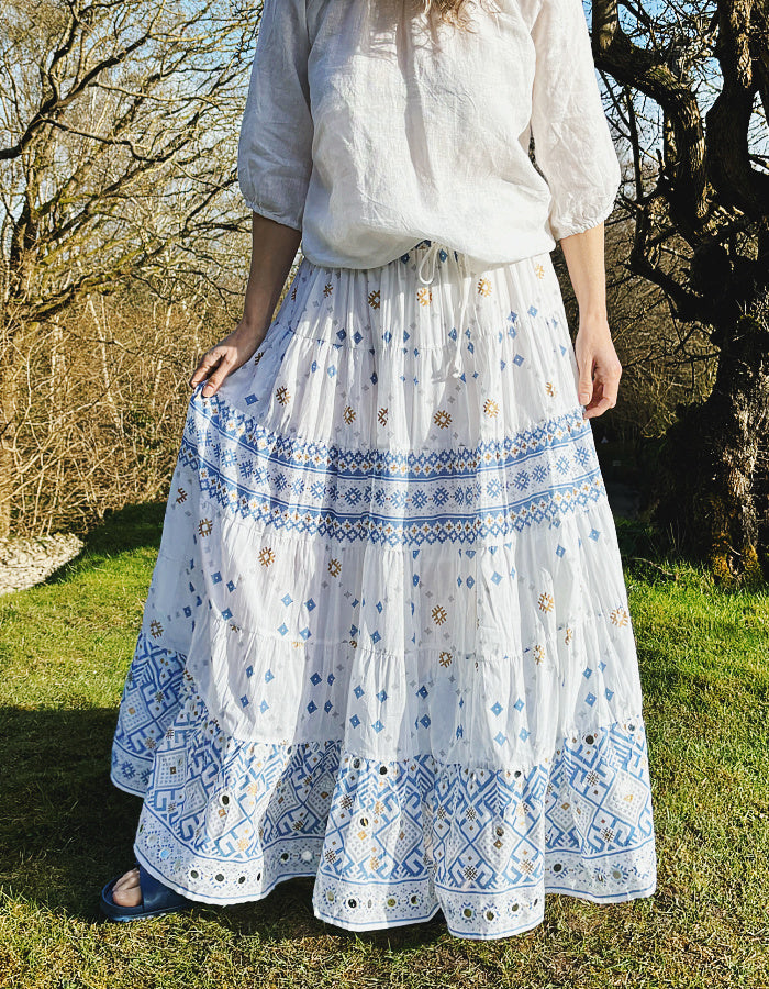 white cotton maxi skirt with blue and gold geo print with mirror details, elasticated waist