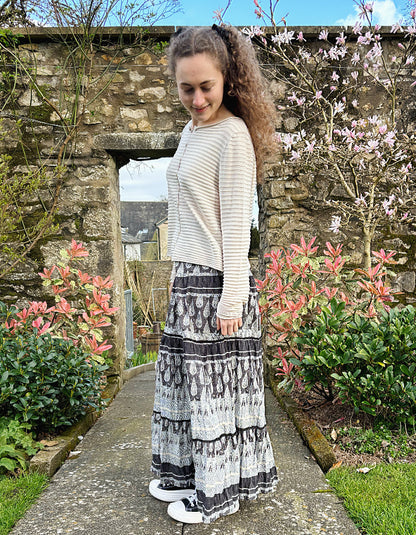 cotton maxi skirt with elasticated was it in neutral and black paisley print