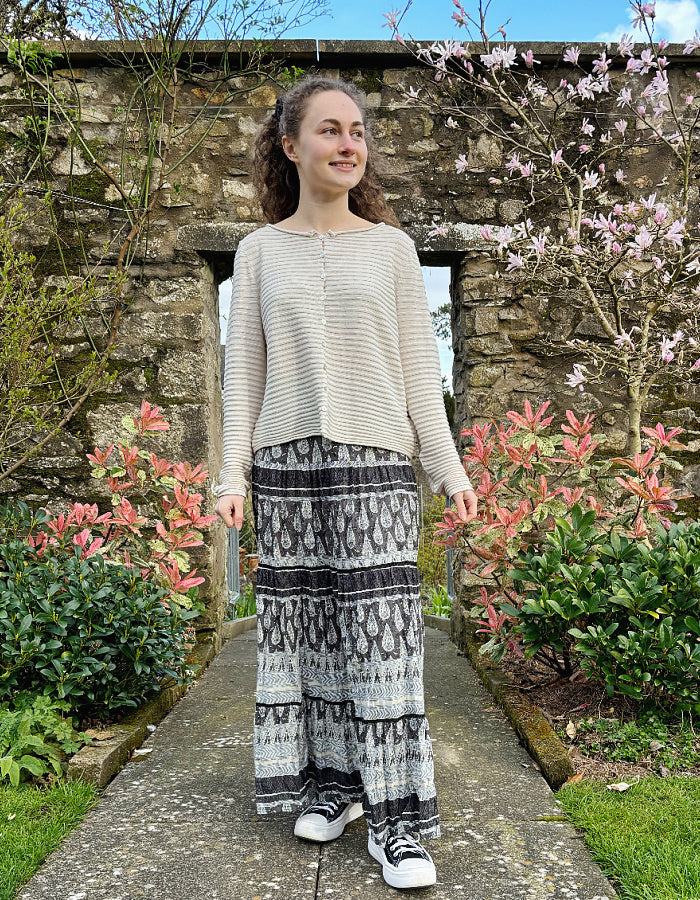 cotton maxi skirt with elasticated was it in neutral and black paisley print