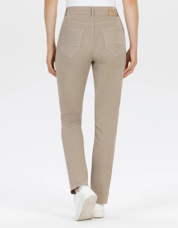 sandy coloured neutral cotton straight leg trouser with 5 pockets and button fly closure
