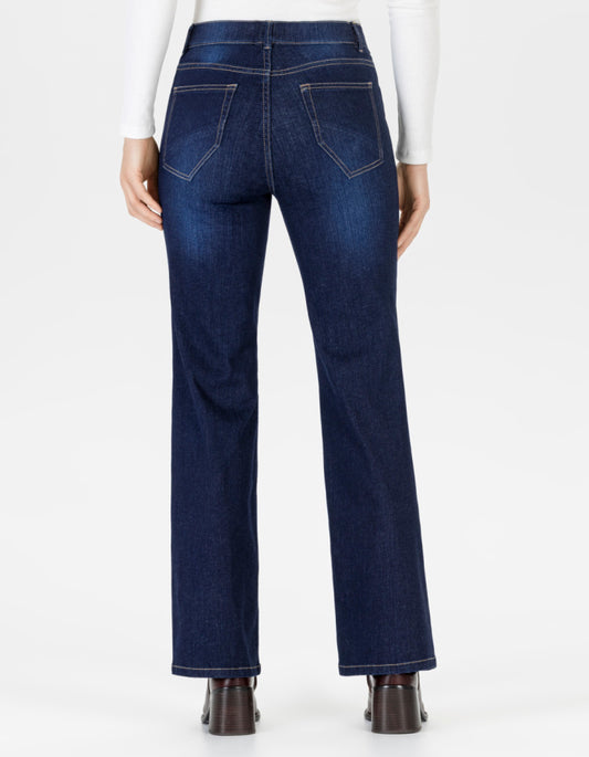 straight leg dark denim jeans with gold stitching