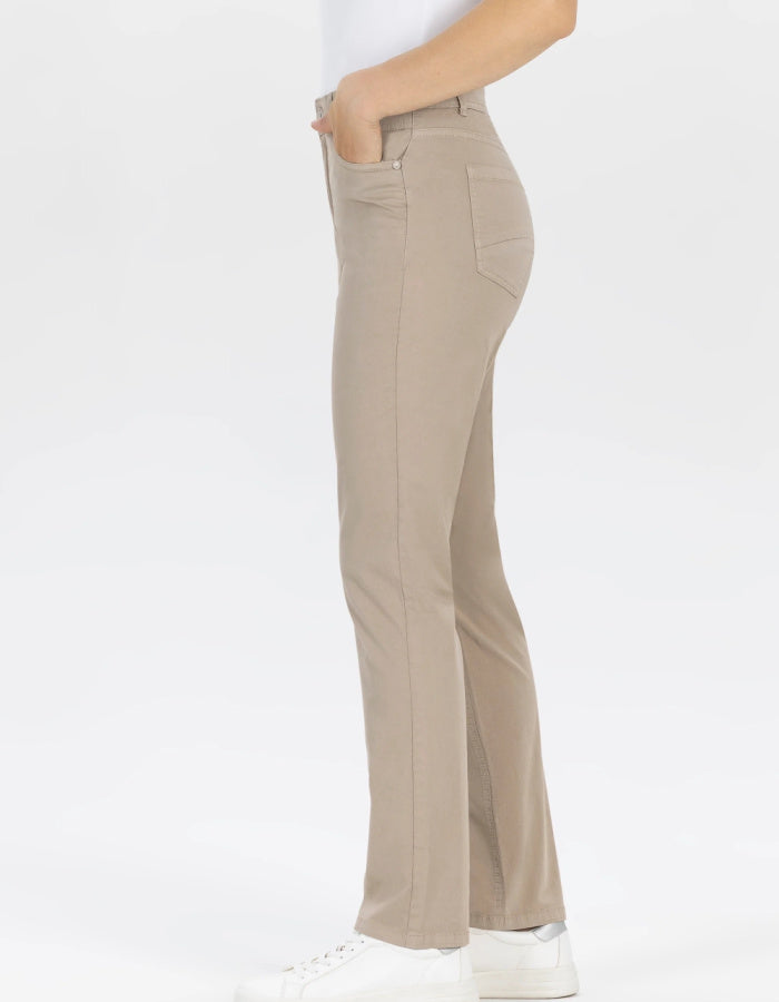 sandy coloured neutral cotton straight leg trouser with 5 pockets and button fly closure