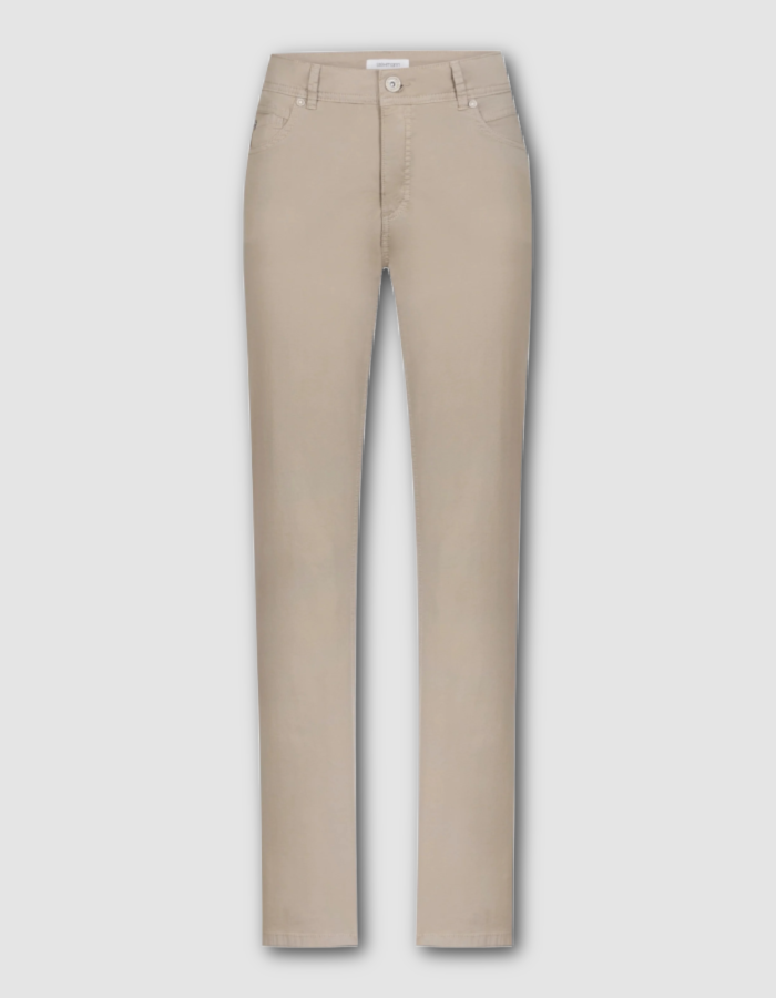 sandy coloured neutral cotton straight leg trouser with 5 pockets and button fly closure