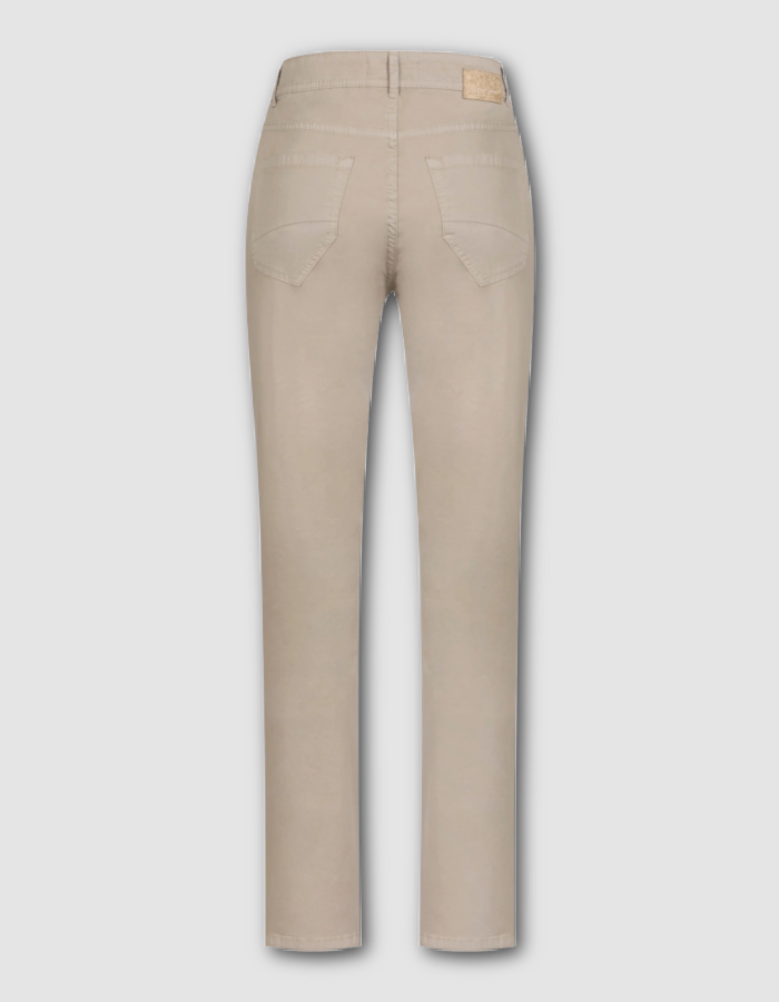 sandy coloured neutral cotton straight leg trouser with 5 pockets and button fly closure