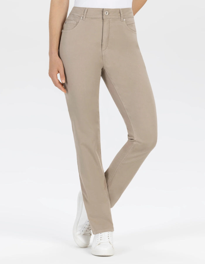 sandy coloured neutral cotton straight leg trouser with 5 pockets and button fly closure