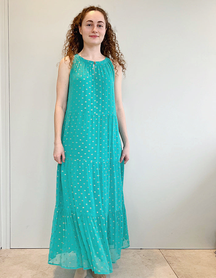 aqua viscose georgette layered maxi dress with halter style sleeveless neckline and gold metallic dots in the fabric
