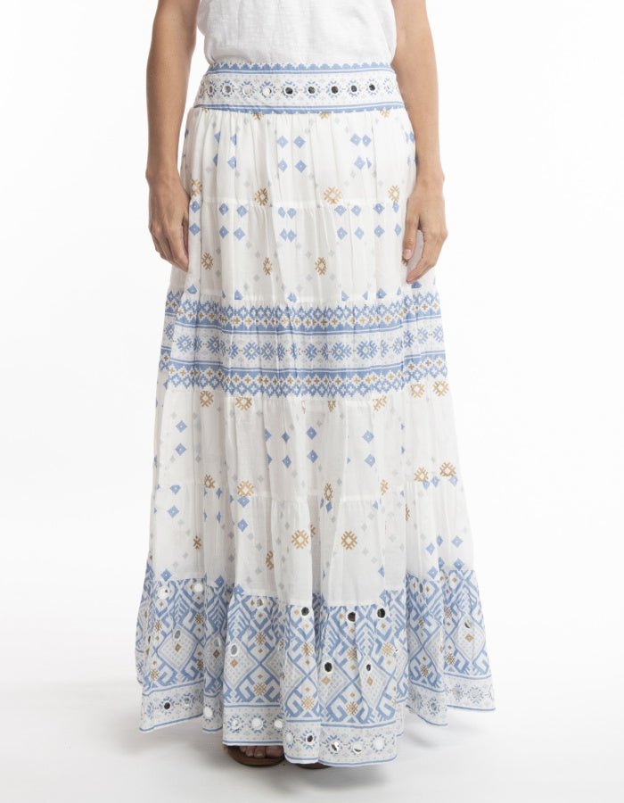 white cotton maxi skirt with blue and gold geo print with mirror details, elasticated waist