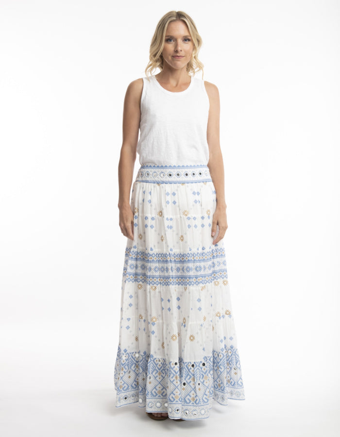 white cotton maxi skirt with blue and gold geo print with mirror details, elasticated waist