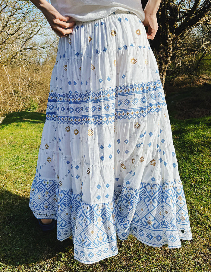 white cotton maxi skirt with blue and gold geo print with mirror details, elasticated waist