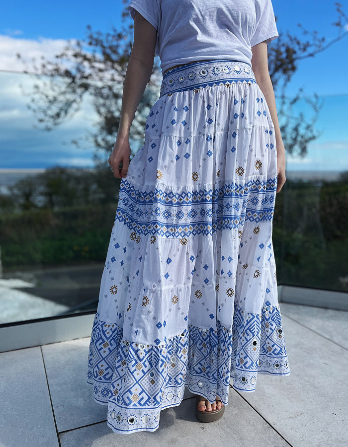 white cotton maxi skirt with blue and gold geo print with mirror details, elasticated waist