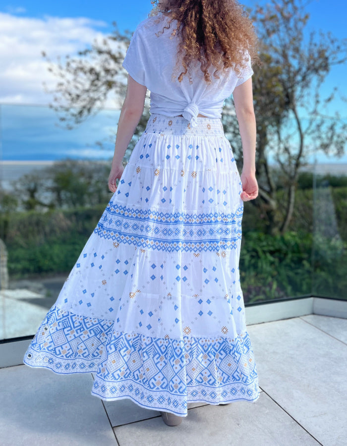 white cotton maxi skirt with blue and gold geo print with mirror details, elasticated waist