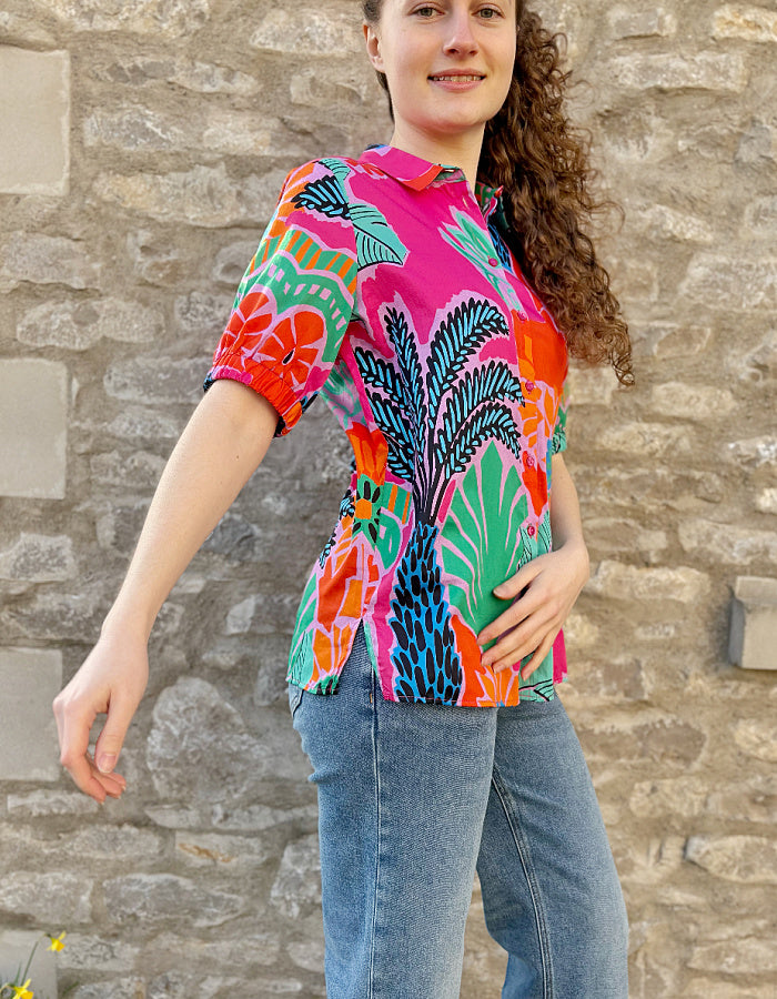 short sleeve tropical floral print shirt in pink orange green and turquoise