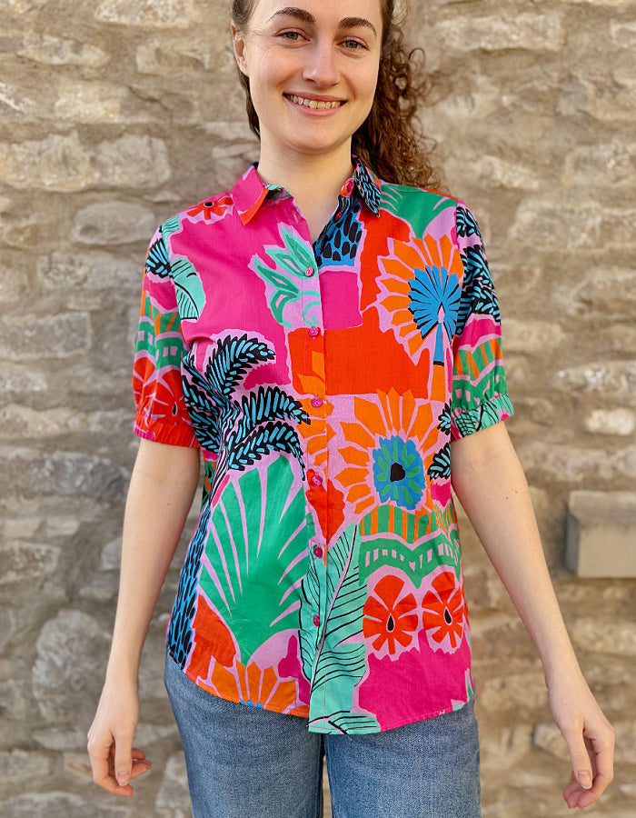 short sleeve tropical floral print shirt in pink orange green and turquoise