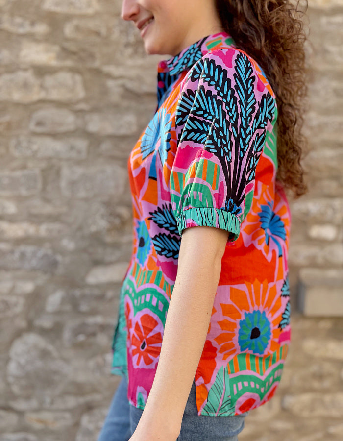 short sleeve tropical floral print shirt in pink orange green and turquoise