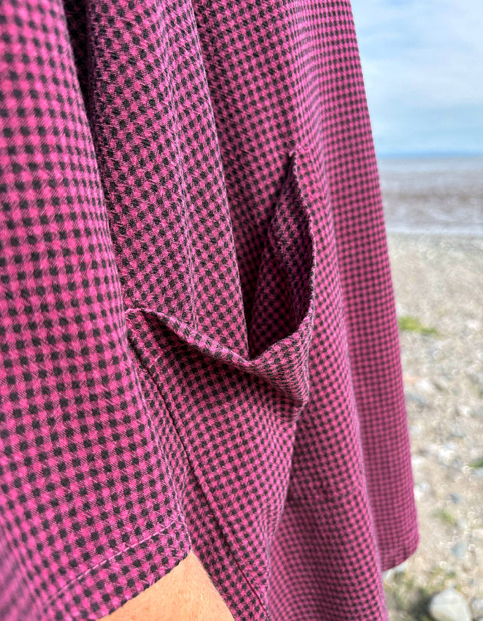 close up of burgundy and black mini check fabric