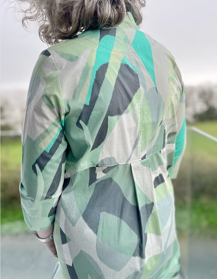 cotton tunic dress with mint green print, button down placket and stand up collar, loose fit, great with summer trousers