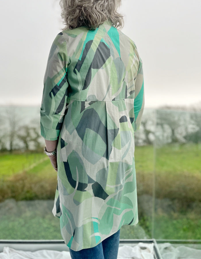 cotton tunic dress with mint green print, button down placket and stand up collar, loose fit, great with summer trousers