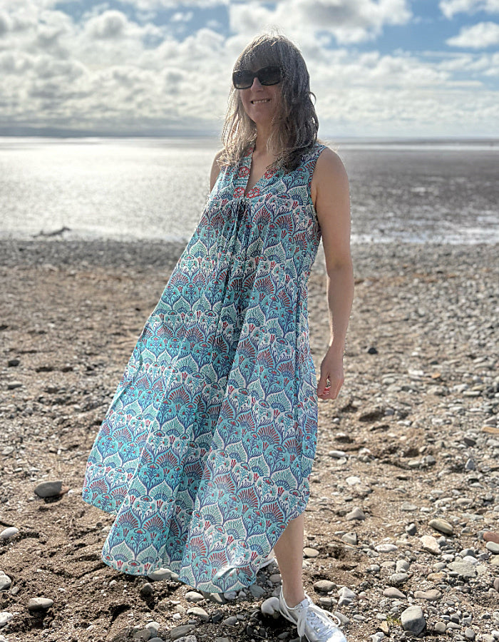 maxi sleeveless cotton kaftan dress with Indian hand block print in aqua turquoise white and red