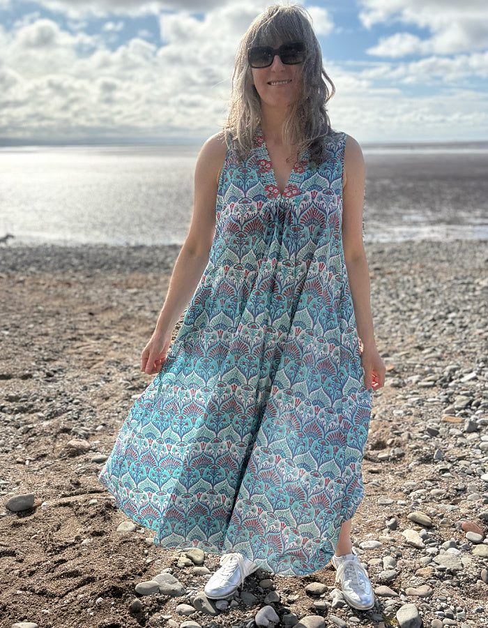 maxi sleeveless cotton kaftan dress with Indian hand block print in aqua turquoise white and red