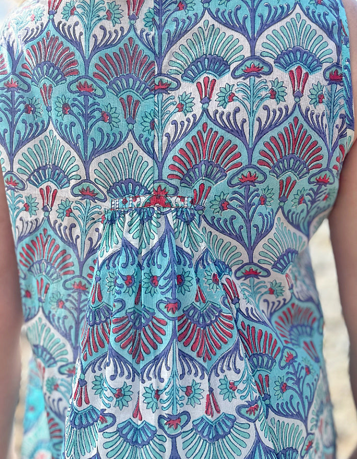 maxi sleeveless cotton kaftan dress with Indian hand block print in aqua turquoise white and red