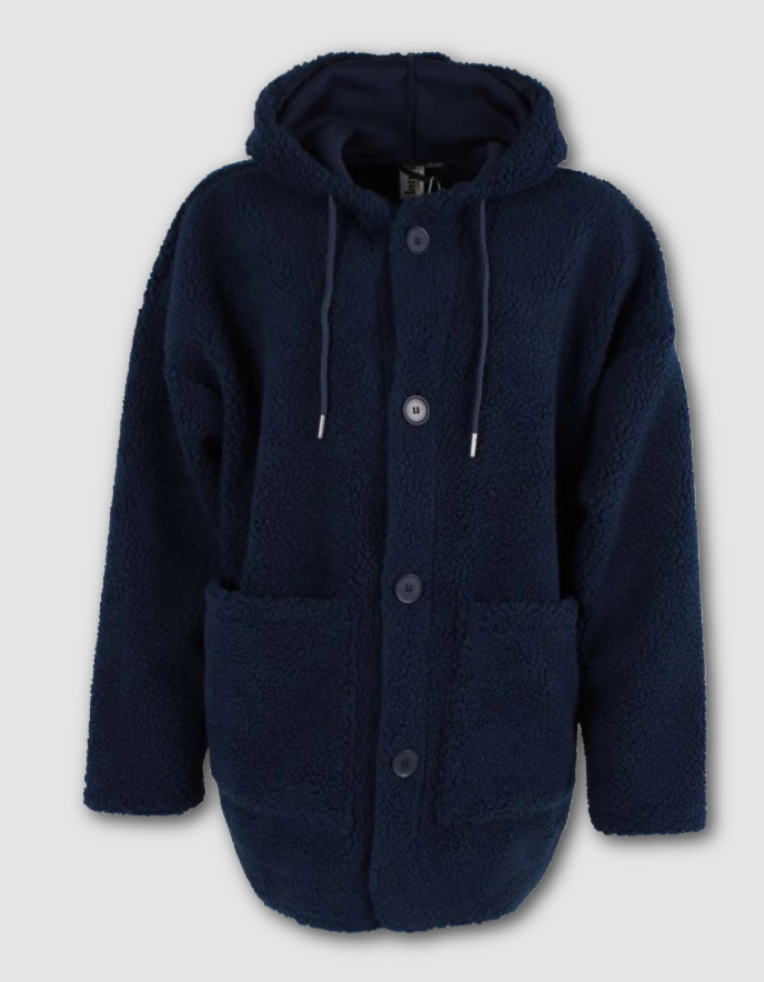 Navy blue hooded jacket on a light gray background