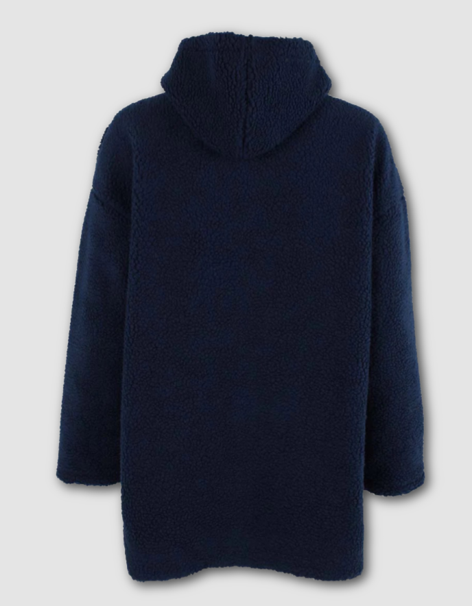 Navy blue fleece jacket with a hood on a light gray background