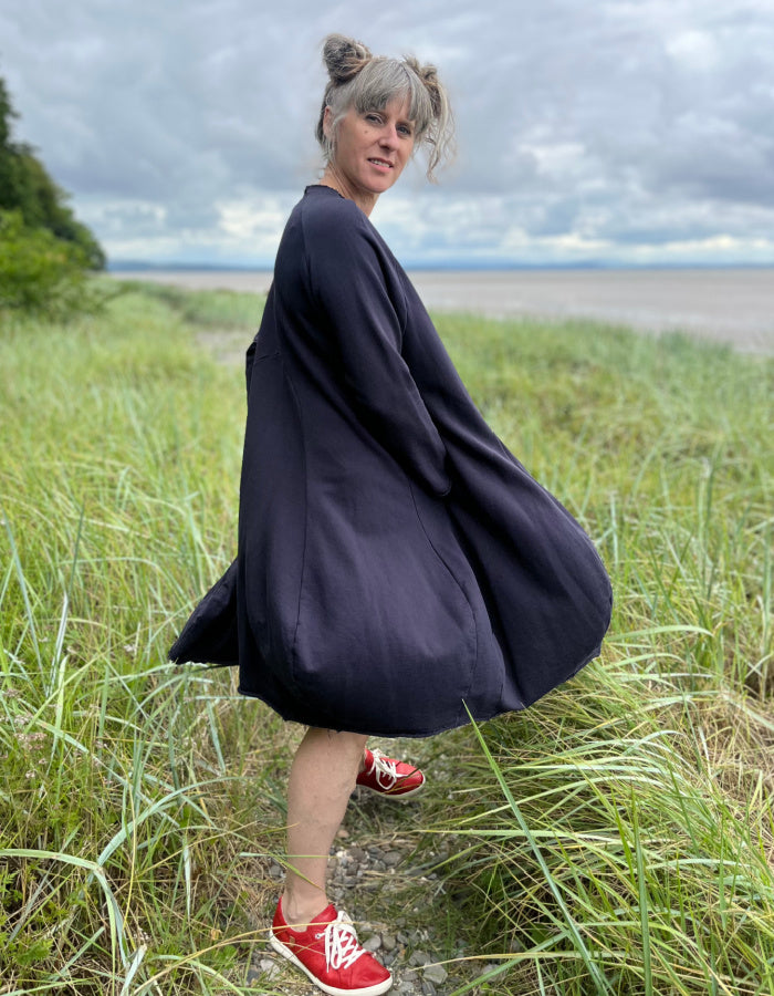 one size midnight navy cotton jersey swing dress with full length sleeves and godet panels in the skirt