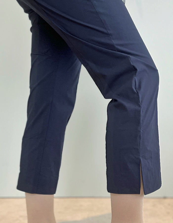 foil trapeze fabric pull on stretch trouser with elasticated waist and straight leg, 7/8ths length with side split hem