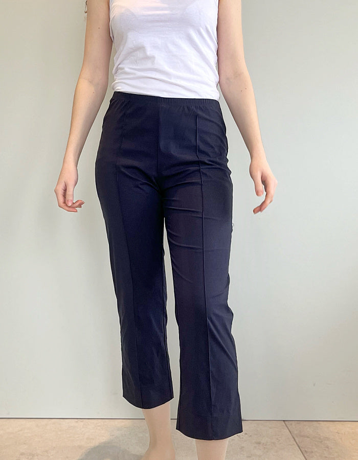 foil trapeze fabric pull on stretch trouser with elasticated waist and straight leg, 7/8ths length with side split hem