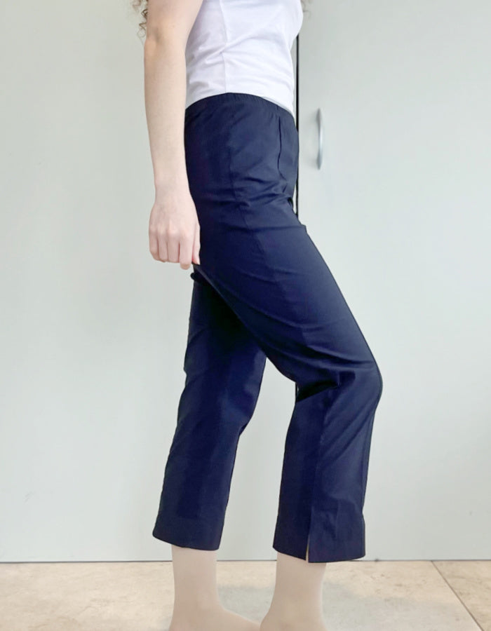 foil trapeze fabric pull on stretch trouser with elasticated waist and straight leg, 7/8ths length with side split hem