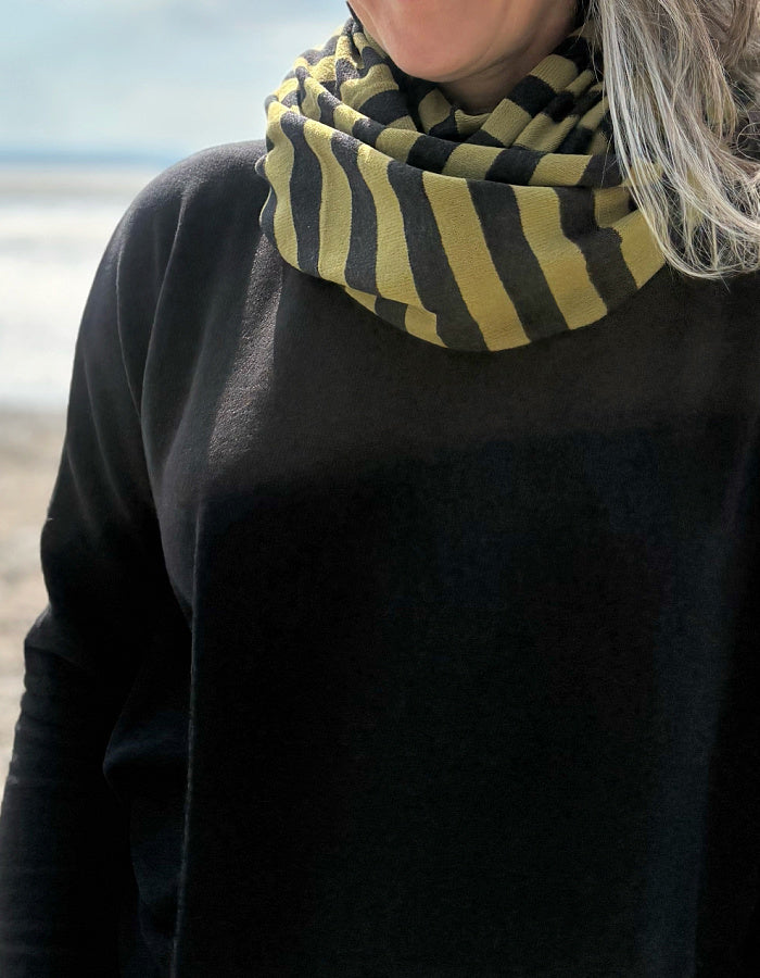 Neirami Cosy Snood in Olive and Charcoal Stripe