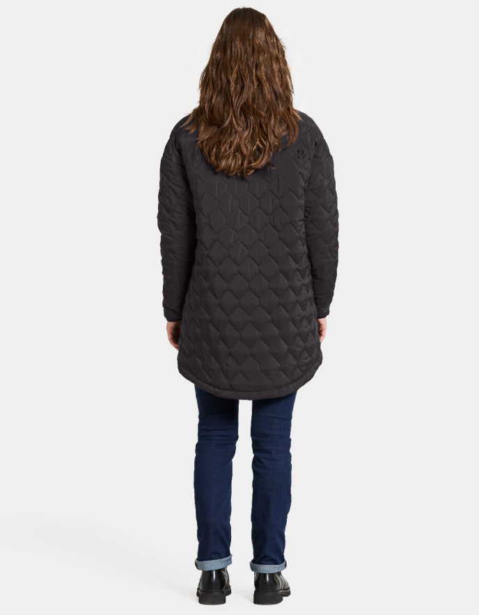 Person wearing a dark quilted coat on a white background