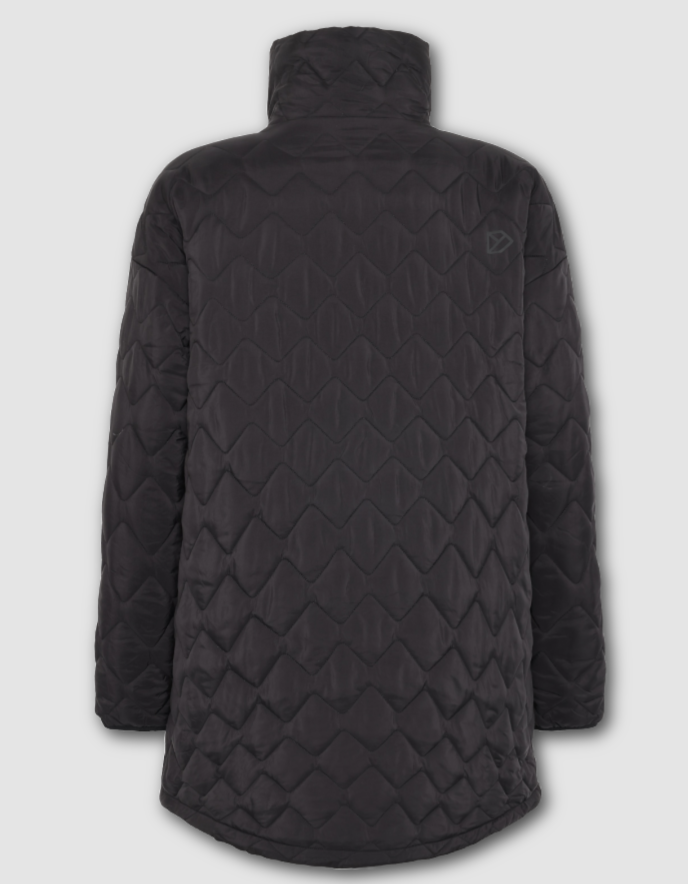 Black quilted jacket on a light gray background