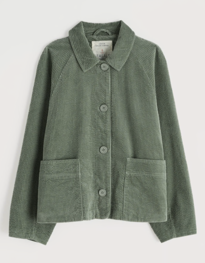 sage green boxy fit cotton cord jacket with a white background