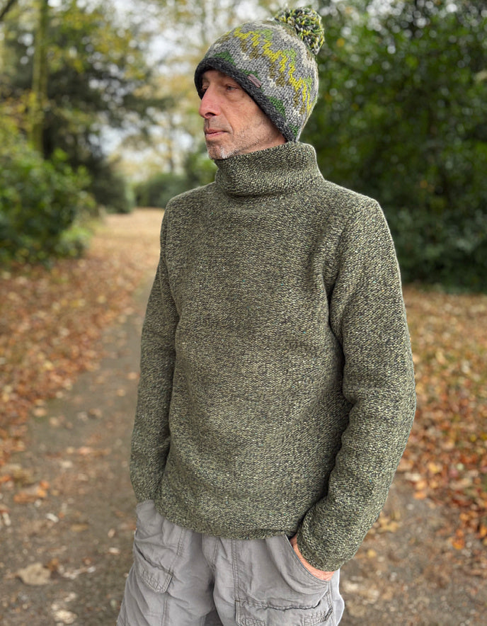 Fisherman out of Ireland Semi Felted Mock Neck Jumper in Olive