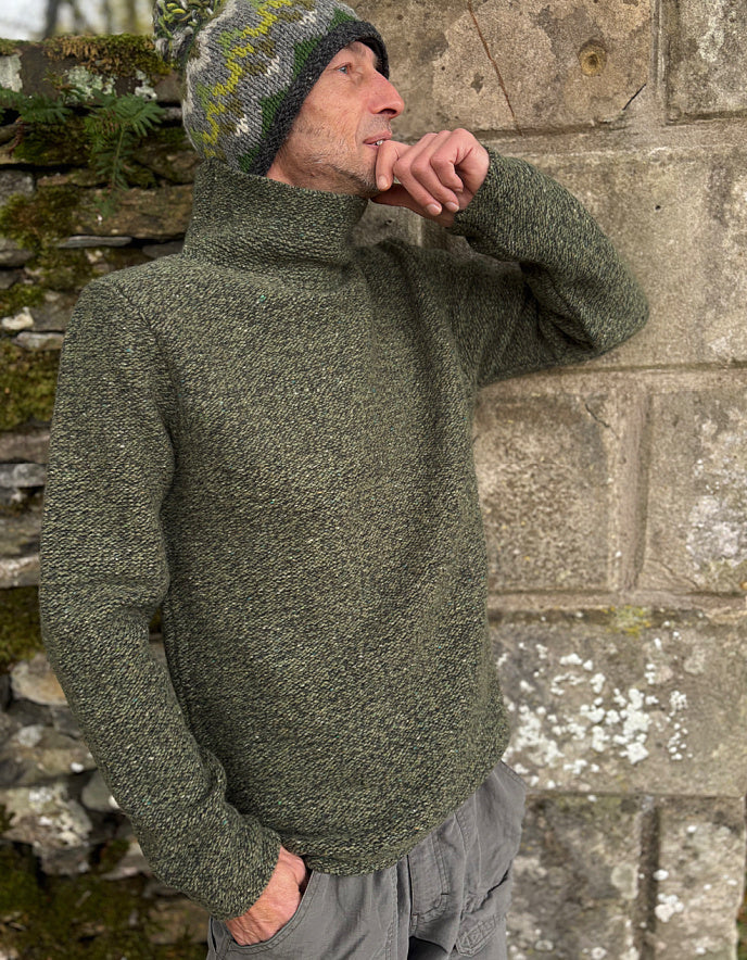 Fisherman out of Ireland Semi Felted Mock Neck Jumper in Olive