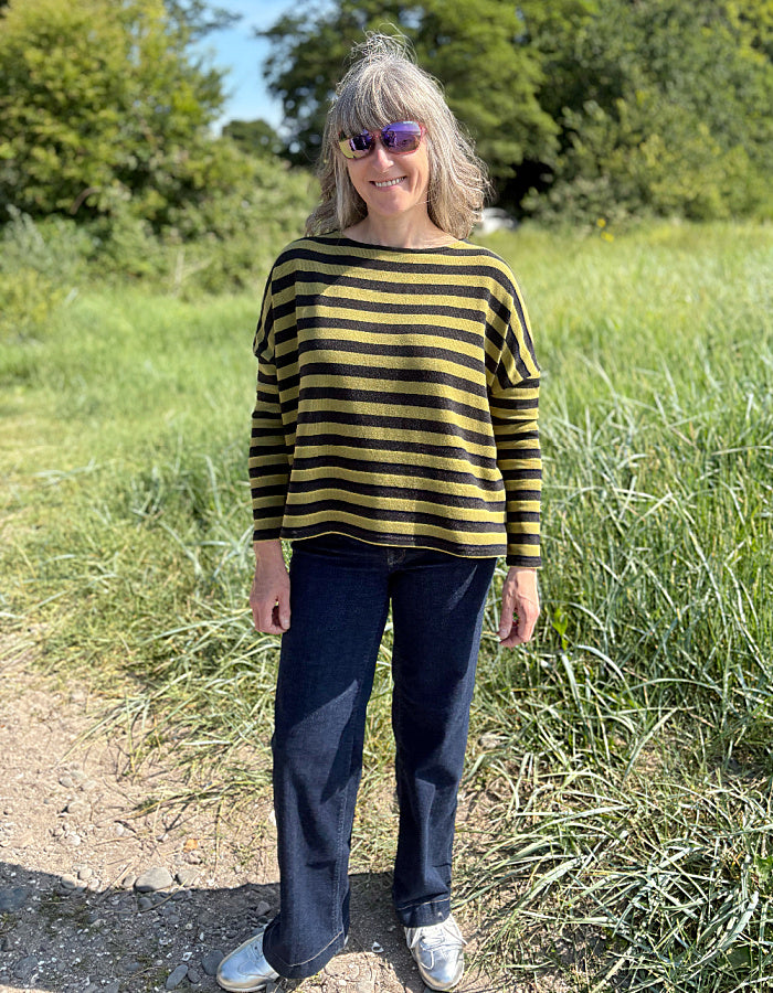 Neirami Boxy Knit in Olive and Charcoal Stripe