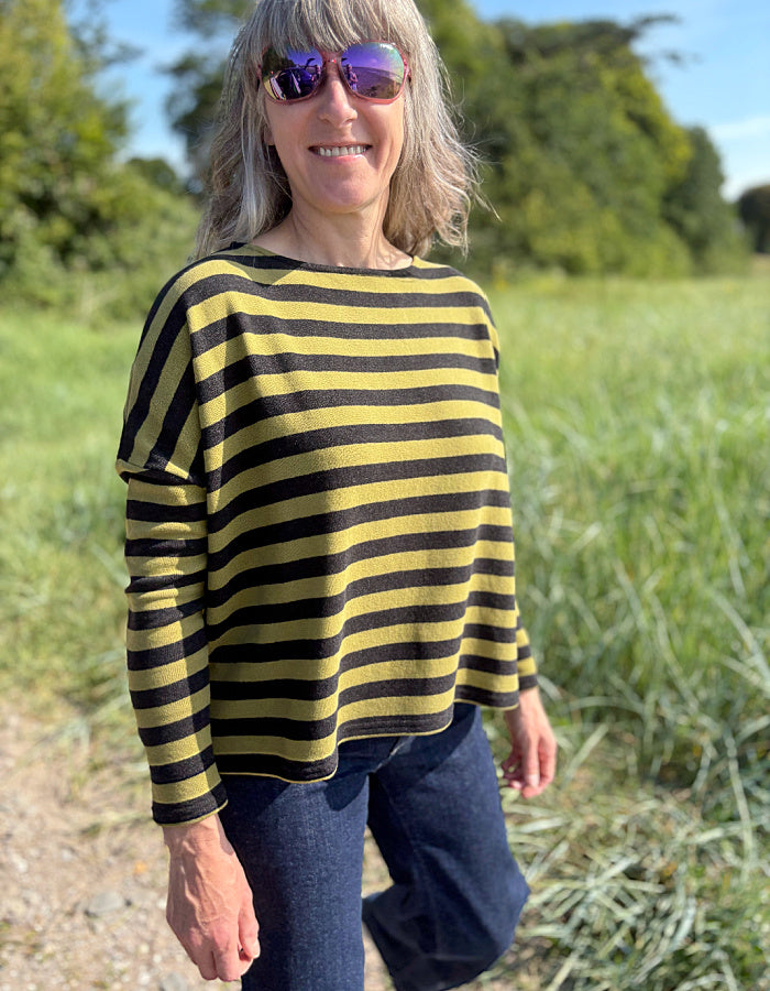 Neirami Boxy Knit in Olive and Charcoal Stripe