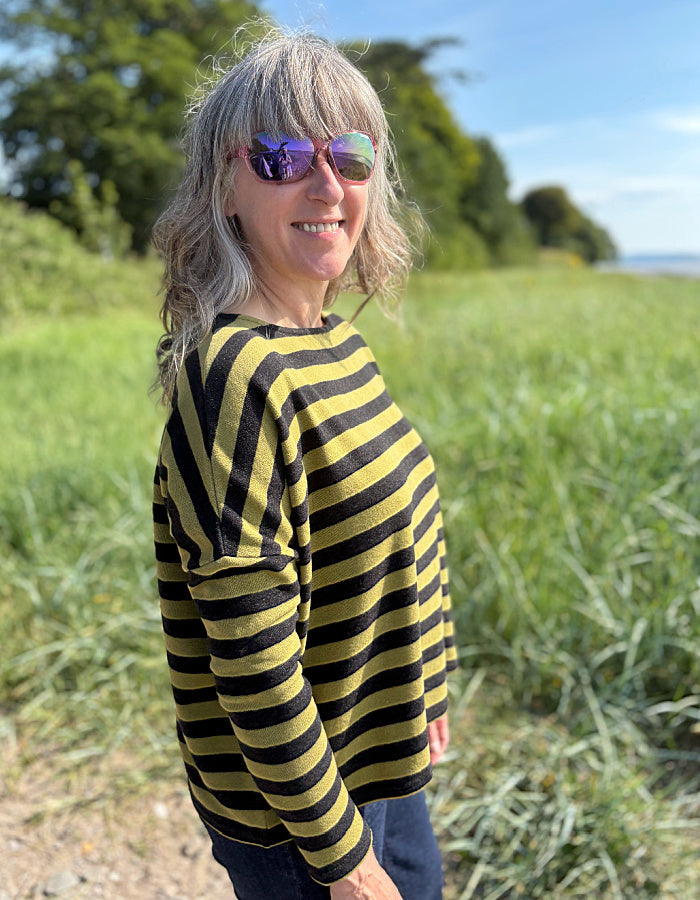 Neirami Boxy Knit in Olive and Charcoal Stripe