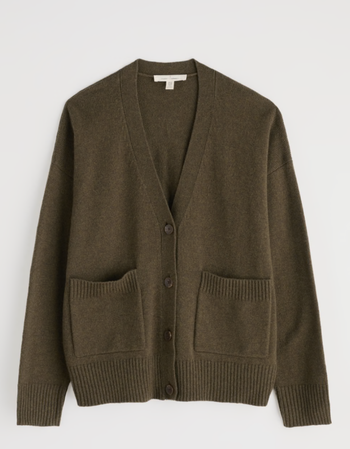 Brown cardigan with button details on a white background