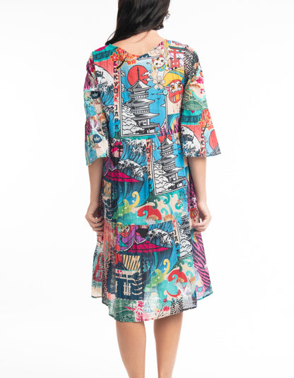 layers tiered mid length cotton dress with three quarter sleeves in fun Japanese print