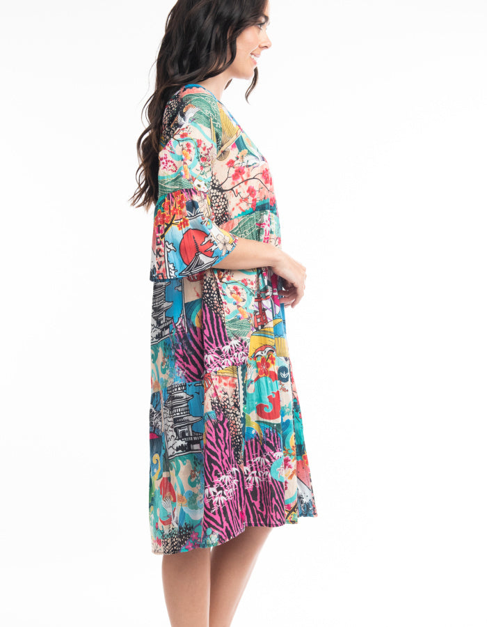 layers tiered mid length cotton dress with three quarter sleeves in fun Japanese print