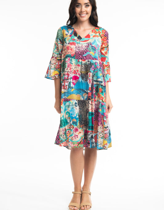 layers tiered mid length cotton dress with three quarter sleeves in fun Japanese print 