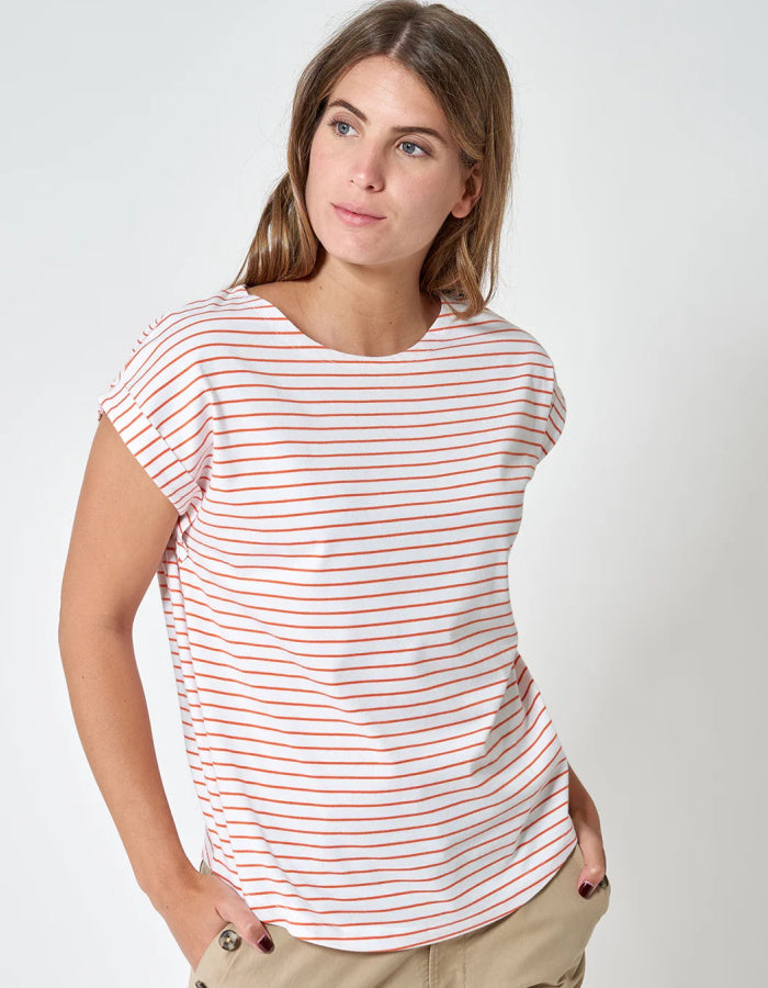 orange and white Breton striped T-shirt with short sleeves